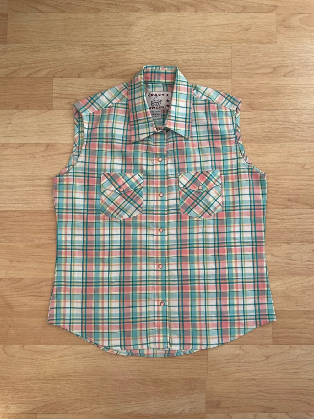 Crazy Cowgirl Blue, Pink, Yellow Sleeveless Snap up Shirt country cowgirl